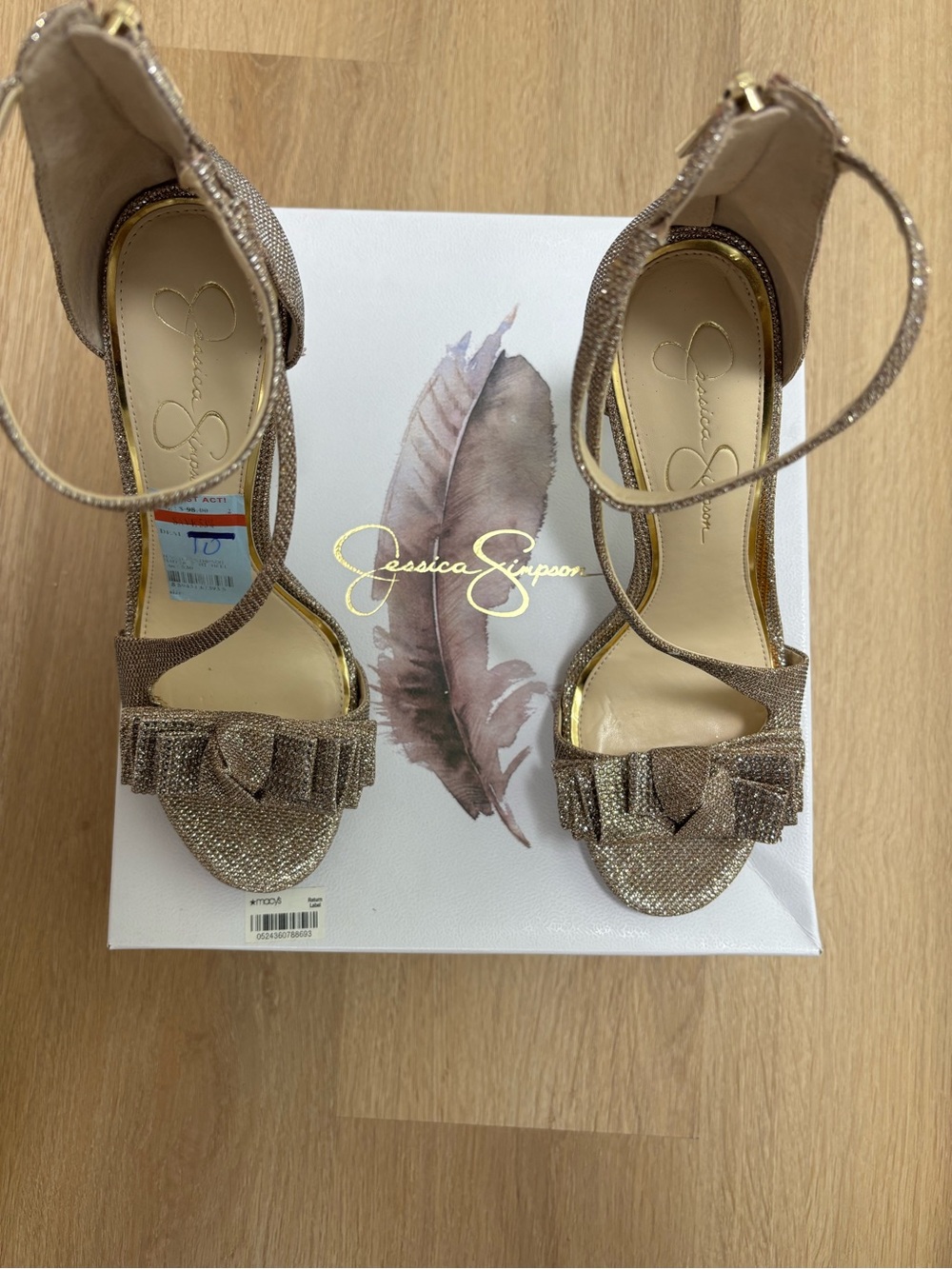 Jessica Simpson Metallic Gold Glitter Sparkle Bow Ankle-Strap Heels